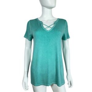 Arizona Jean Co. Turquoise Thin Sheer Criss-Cross V-Neck Tee